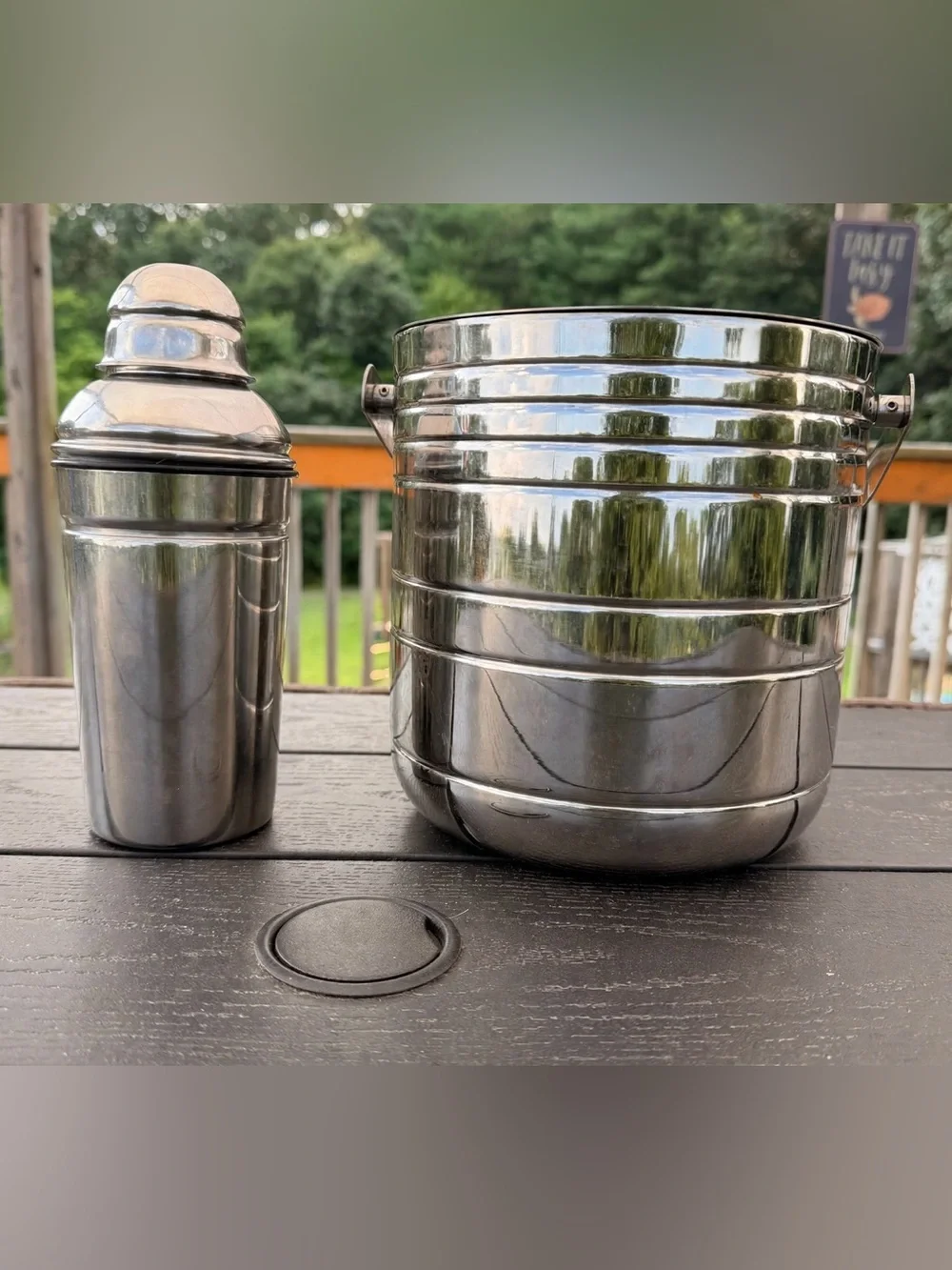 Oneida Stainless Steel Ice Bucket & Mini Cocktail Shaker Set MCM Bar Cart